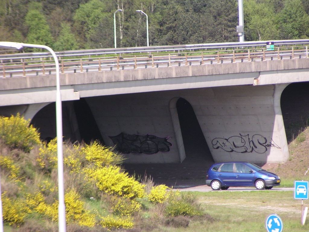 p5040054.jpg - Net zichtbaar wat roestkleurige aanslag nabij een voegovergang in dit viaduct in de A67 over de rotonde Leenderheide. Voor het vervangen van die voegovergangen in alle vier de A67 viaducten belooft het een soortgelijk spektakel te worden als in KW 13 (aansluiting Veldhoven): opvijzelen van het brugdek.