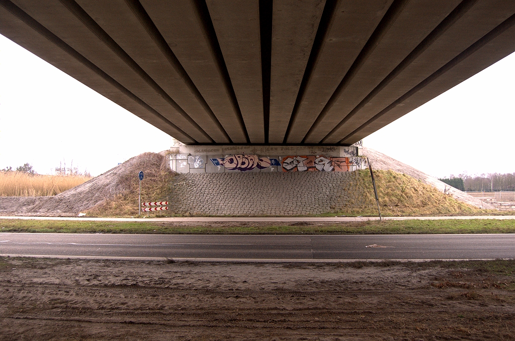 20081225-153018.jpg - Viaduct in de A2 vanuit Best in het knooppunt Ekkersweijer. Het westelijk talud is voorzien van extra aarden uitstulpingen.